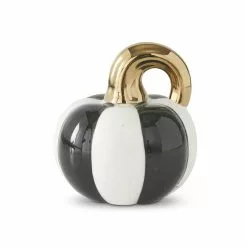 TheHolidayBarn.com Black & White Stripe Pumpkin With Gold Stem