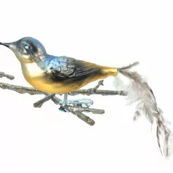 Old German Christmas Blue Gold Glass Bird Clip Ornament With Feathers