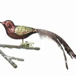 Old German Christmas Brown Bird Clip With Gold Glitter & Feather Tail