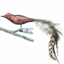 Old German Christmas Bronze Brown Bird German Glass Ornament Clip With Feathers