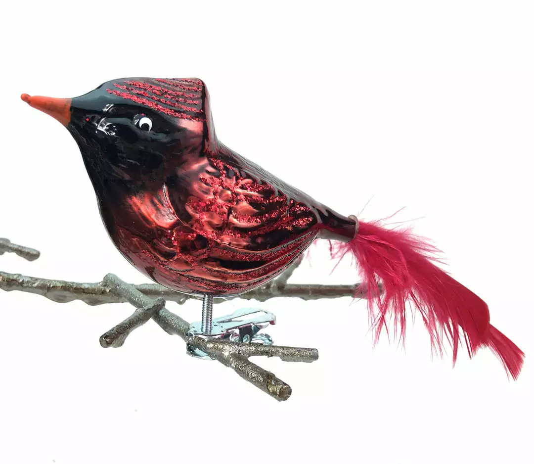 Old German Christmas Fat Cardinal Glass Clip-On Ornament With Feathers 3 Old German Christmas Fat Cardinal Glass Clip-On Ornament With Feathers