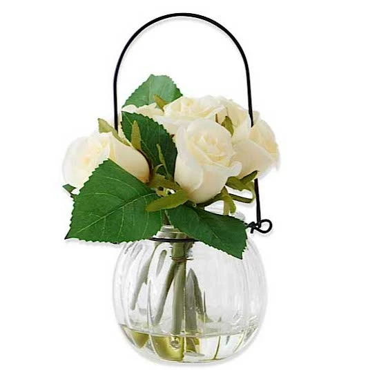 K&K Interiors Faux White Roses In Vase With Wire Hanger 3 K&K Interiors Faux White Roses In Vase With Wire Hanger