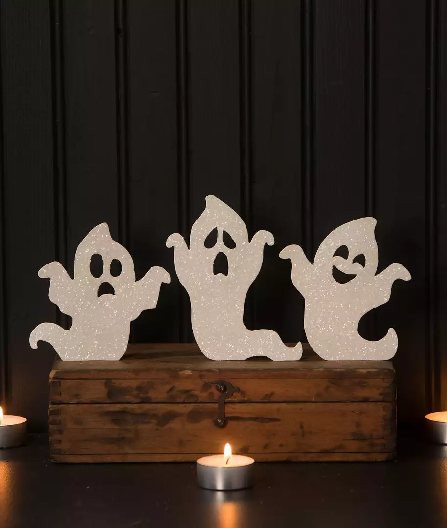 Bethany Lowe Ghoulish Ghost Silhouettes With White Glitter New! 3 Bethany Lowe Ghoulish Ghost Silhouettes With White Glitter New!