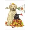 Mary Lake-Thompson Golden Retriever & Cat Raking Leaves Towel New!