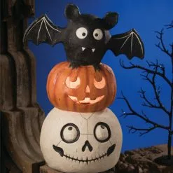 TheHolidayBarn.com Halloween Totem Pole With Skull, Pumpkin & Bat New!