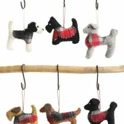 Creative Co-Op Christmas Holiday Dogs In Plaid Jackets - Wool Ornaments