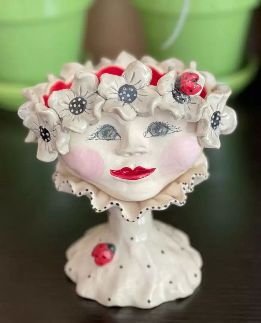 Teyros Lady Head Art Pottery Container, Daisy Ruff 3 Teyros Lady Head Art Pottery Container, Daisy Ruff