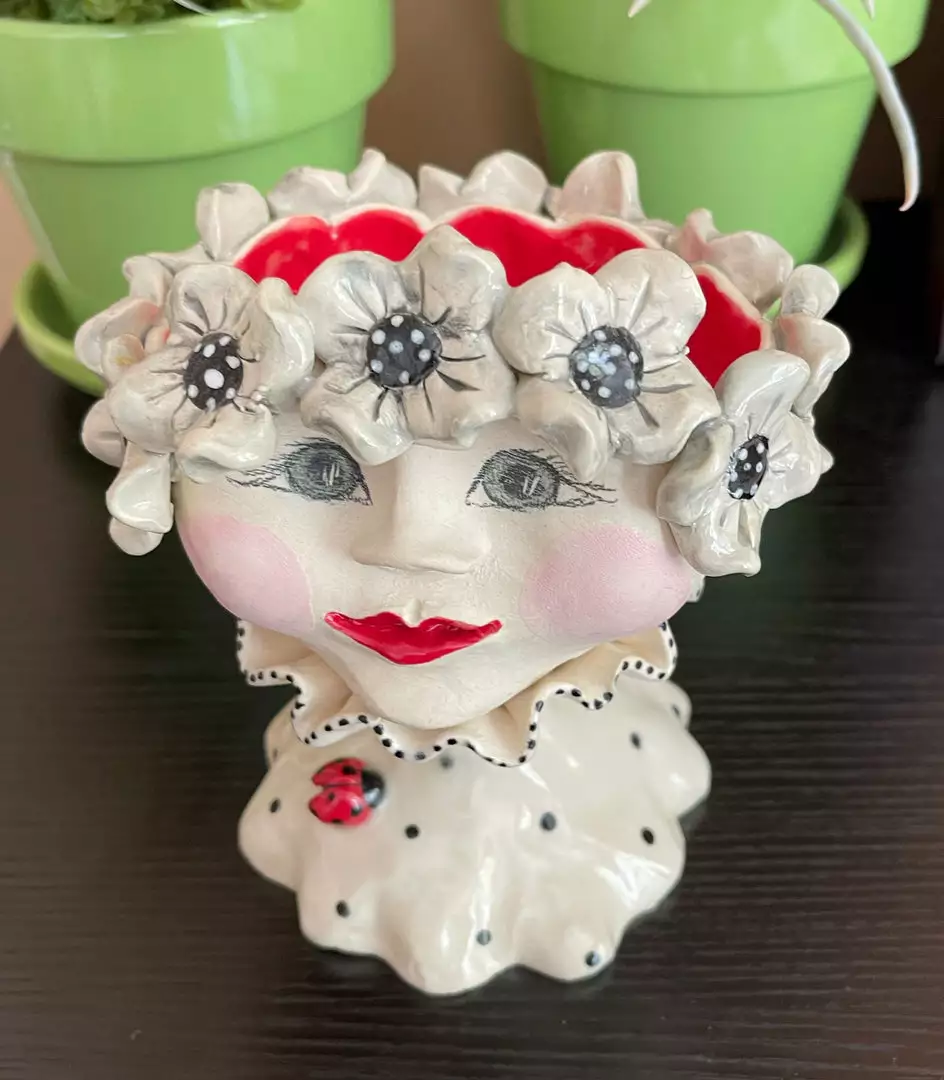 Teyros New! Lady Head Art Pottery Container, Daisy Ruff 2 3 Teyros New! Lady Head Art Pottery Container, Daisy Ruff 2