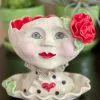 Teyros Lady Head Art Pottery Planter With Tray, Mellow Red