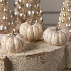 Bethany Lowe Polka Dot Pumpkin Luminaries, Ivory & Gold