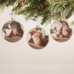 Bethany Lowe Vintage Santa & Holly Glass Disc Ornaments New!