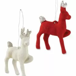 Bethany Lowe Red & White Flocked Reindeer Ornaments